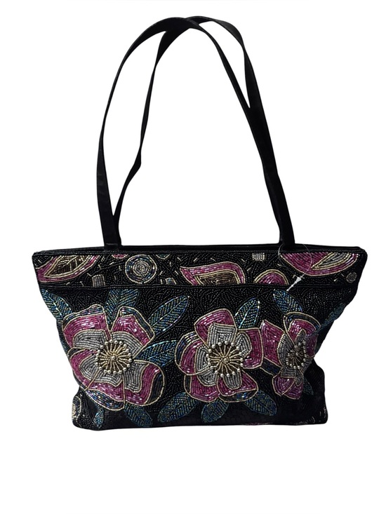 Handbags - Beaded Floral Black Tote Bag.
